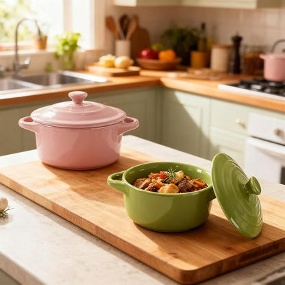 6 Pack Ceramic Ramekins Lids Mini Cocotte 8 OZ Ceramic Oven Safe | Round Small Baking Individual Serving Pot, Lasagna Souffle Soup Bowls, Oven Safe Kitchenware, Handles Round, 6 Colors