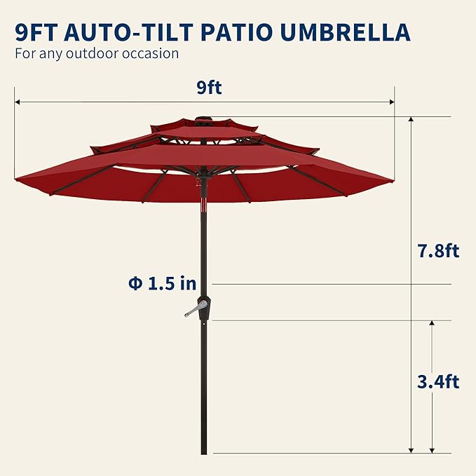 9FT 3 Tiers Patio Umbrella With Auto Tilt And Crank, Outdoor Table Market Umbrella with 8 Sturdy Ribs for Garden, Lawn, Deck, Backyard and Pool (Red)