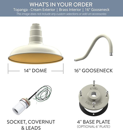 Steel Lighting Co. Topanga Barn Light | Outdoor Wall Mounted | 14 inch Dome | 16" Gooseneck | Farmhouse Garage Light Made in America | Cream Exterior/Brass Interior