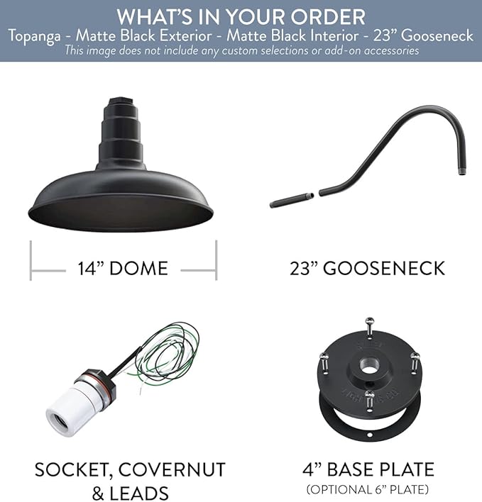 Steel Lighting Co. Topanga Barn Light | Outdoor Wall Mounted | Farmhouse Garage Light Made in America | 14 inch Dome | 23 inch Gooseneck | Matte Black Exterior/Matte Black Interior