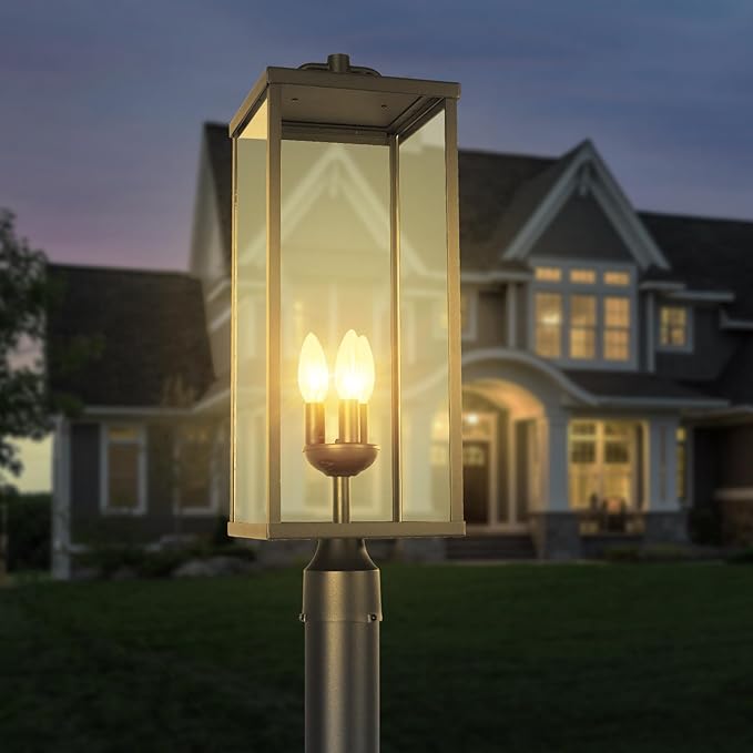 Outdoor Post Light Fixture, Modern Exterior Square Pillar Lantern with Black Finish & Clear Glass, Transitional Pier Mount Lamp, Pole Light for Garden, Backyard, Patio, Pathway, RZ008L-P