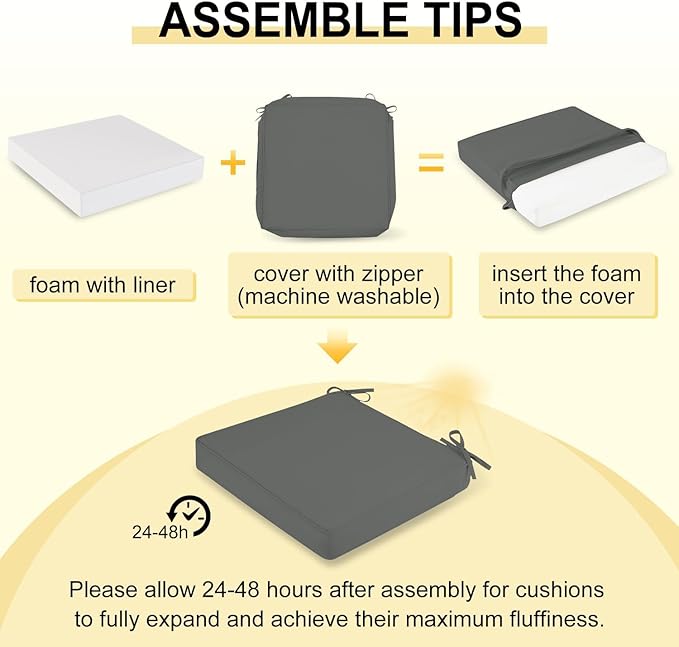 downluxe Waterproof Outdoor Chair Cushions for Patio Furniture, 22" x 22" x 3" Patio Chair Cushion with Non-Slip Ties & Portable Handle, Square Outdoor Cushion with Removable Cover, Dark Grey, 2 Pack