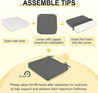 downluxe Waterproof Outdoor Chair Cushions Set of 4, 19" x 19" x 3" Patio Chair Cushion with Non-Slip Ties & Handle, Square Outdoor Cushion for Patio Furniture with Removable Cover, Dark Grey