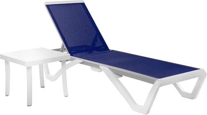 Kozyard Outdoor Chaise Lounge Chair Set, Fully Flat Adjustable Patio Lounger with Aluminum Frame & Resin Legs, Textilene Fabric for Poolside, Backyard & Beach (Navy Blue, Chair +Table)