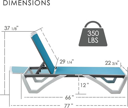 Kozyard Outdoor Chaise Lounge Chair, Fully Flat Adjustable Patio Lounger with Aluminum Frame & Resin Legs, Textilene Fabric for Poolside, Backyard & Beach, (Aqua, Chair)