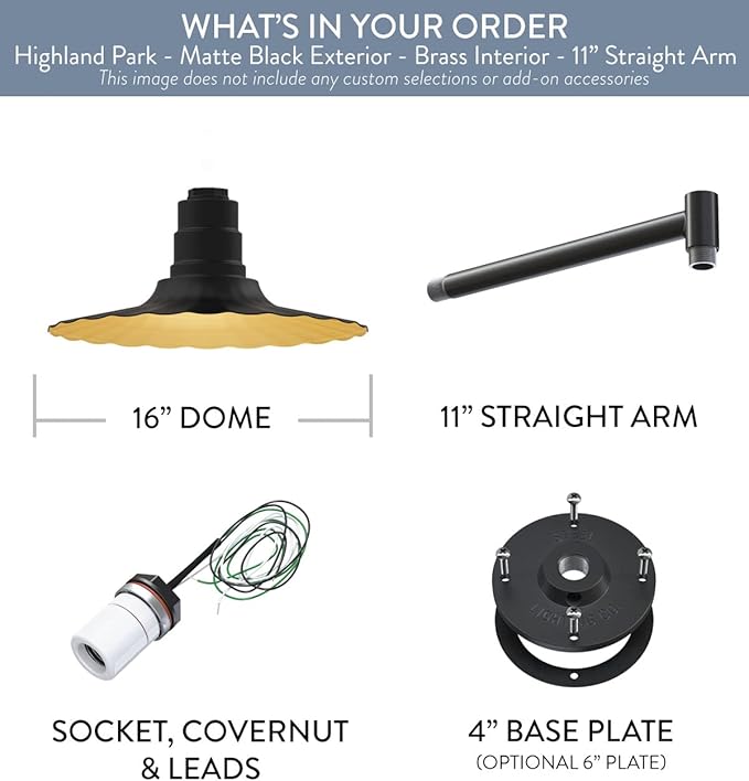 Steel Lighting Co. Highland Park Barn Light | Outdoor Wall Mounted | 16 inch Radial Wave | 11 inch Straight Arm | Vintage Style Made in America | Matte Black Exterior/Brass Interior