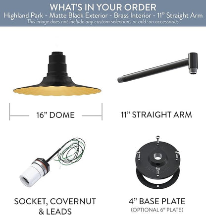 Steel Lighting Co. Highland Park Barn Light | Outdoor Wall Mounted | 16 inch Radial Wave | 11 inch Straight Arm | Vintage Style Made in America | Matte Black Exterior/Brass Interior