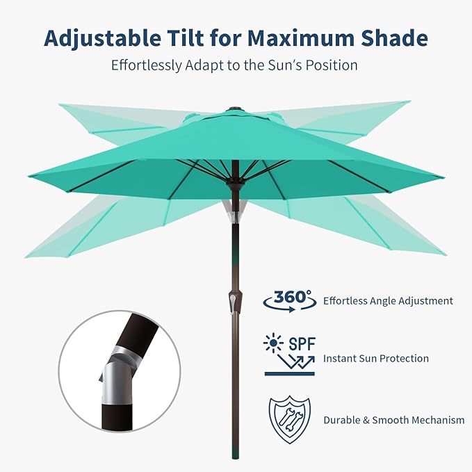 10FT Patio Umbrella Outdoor Market Umbrella with Crank and Tilt, 8 Flexible Fiberglass Ribs, UV-Resistant Waterproof Canopy for Patio, Deck, Garden, Backyard, Turquoise Blue