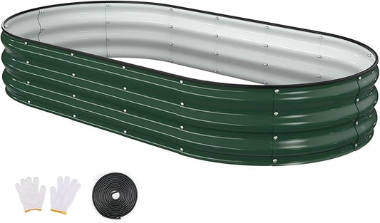 Raised Garden Bed, 6x3x1ft Galvanized Outdoor Planter Beds with Safety Edging and Gloves, Oval Metal Planter Box for Gardening Vegetables Flowers Herb-Deep Green