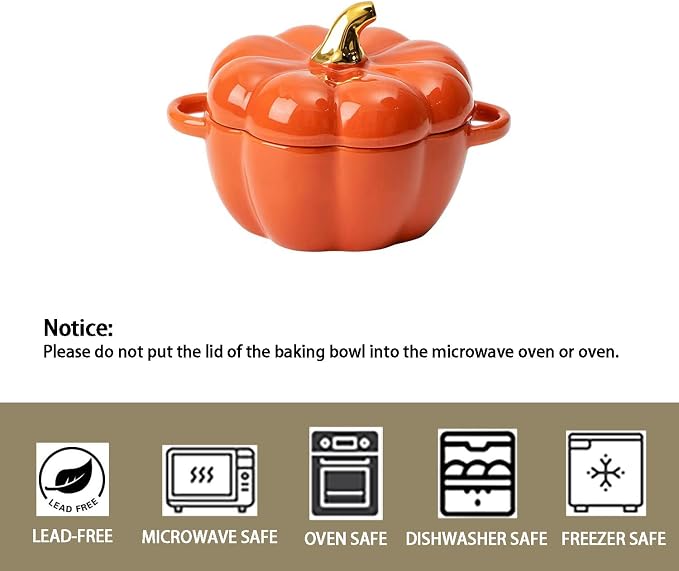 Pumpkin Bowl Set with Lid and Handle, Set of 2 Ceramic Ramekins for Baking, Casserole Dish Individual Severing Pot, Stoneware, Oven Safe, 14 Oz (Orange)