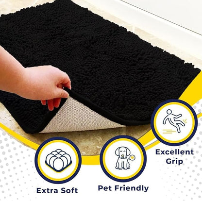 Muddy Mat® | Super Water Absorbent Door Mat Indoor, Microfiber Quick Dry Chenille Entryway Rug, Slip Resistant Front Door Mat, Indoor Mats for Entryway, Machine Washable Pet Rug, Black 30" x 60"
