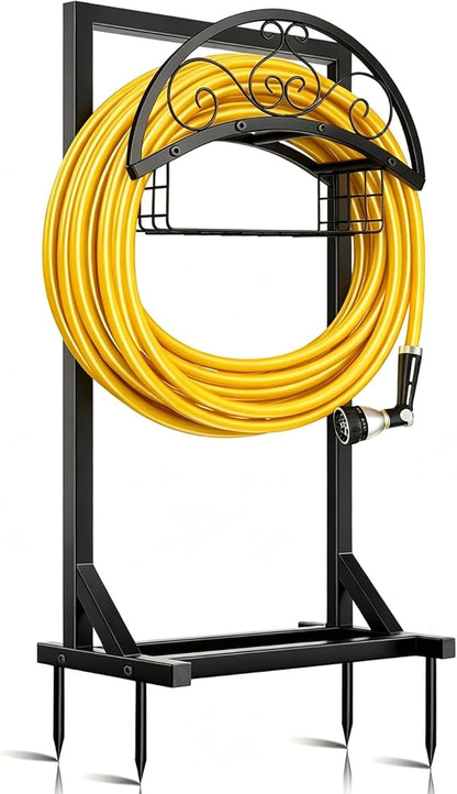 Garden Hose Holder Stand, BOLITE Metal Hanger with Storage Basket, 150ft | Heavy Duty, Freestanding Detachable, Water Hose Holder with Storage Basket, 4 Spikes, Storage Rack for Outside Yard Lawn Farm