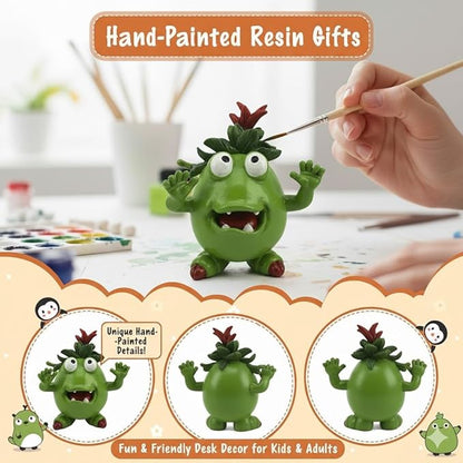 Cute Green Monster Resin Figurine Indoor Outdoor Garden Statue Whimsical Funny Desk Decor - Little Alien Creature with Red Flower/Sprout, Unique (Green)