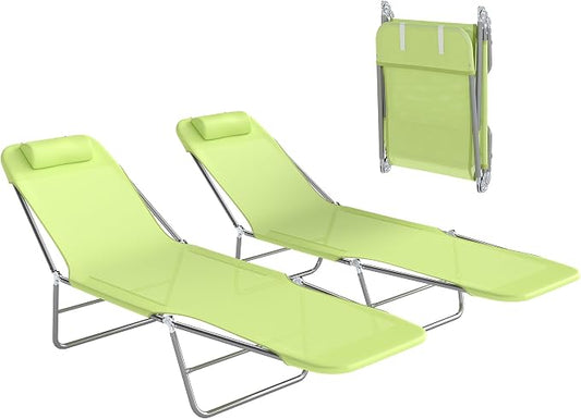 Outsunny Folding Chaise Lounge Pool Chair Set of 2, Outdoor Sun Tanning Chairs with Pillow, Reclining Back, Steel Frame & Breathable Mesh for Beach, Yard, Patio, Green