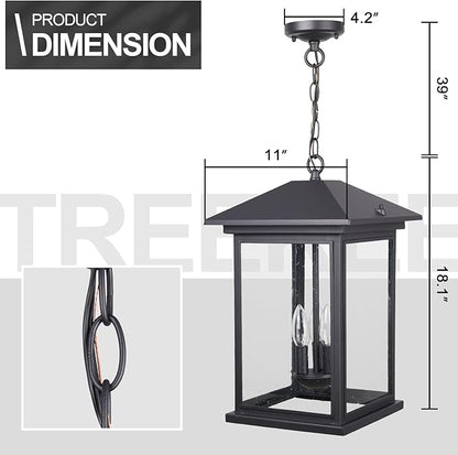 Treekee Large Outdoor Pendant Light, Modern Adjustable Hanging Lantern, Black Outside Porch Chandelier Light with Seeded Glass, Exterior Pendant Lighting for Patio, Porch, Yard, Gazebo