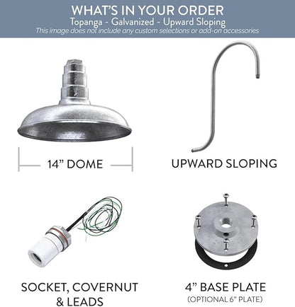 Steel Lighting Co. Topanga Barn Light | Outdoor Wall Mounted | Farmhouse Garage Light Made in America | 14 inch Dome | Upslope Gooseneck | Galvanized Exterior/Galvanized Interior