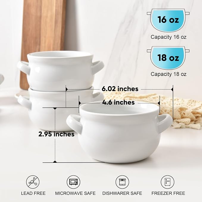 Vumdua Soup Bowls with Handles, 16 Oz Ceramic French Onion Soup Bowls - Stackable Soup Crocks Oven Safe for Cereal, Chilli, Pot Pies, Dishwasher Microwave Safe, Set of 6, White