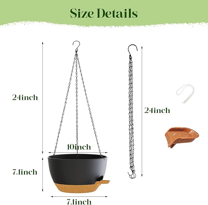 10 Inch Hanging Planters with Chains 2 Pack Self Watering Black Brown Plastic Hanging Pots for Indoor Outdoor Plants, Garden Porch Home Decor (Black Brown)