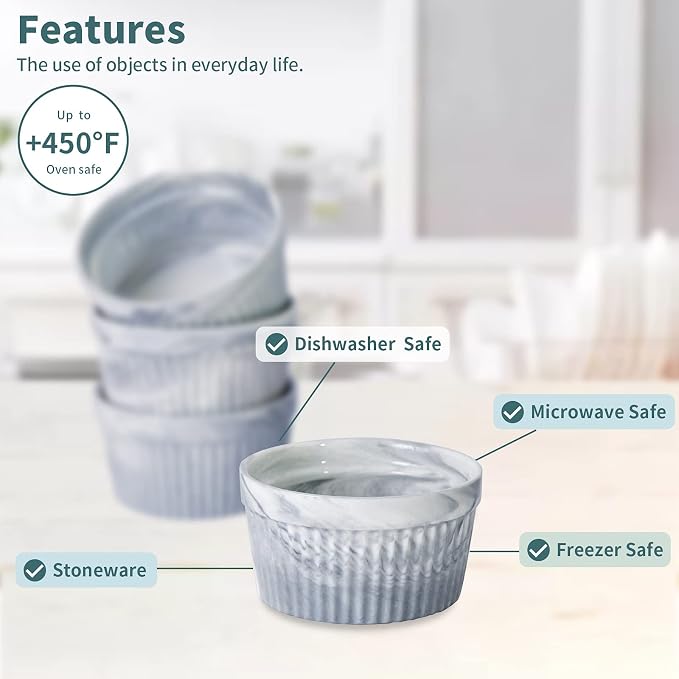 Yundu 4.5 Ounce Grey Marble Ceramic Ramekins - Perfect for Creme Brulee, Oven Safe, Baking & Souffle - Set of 6