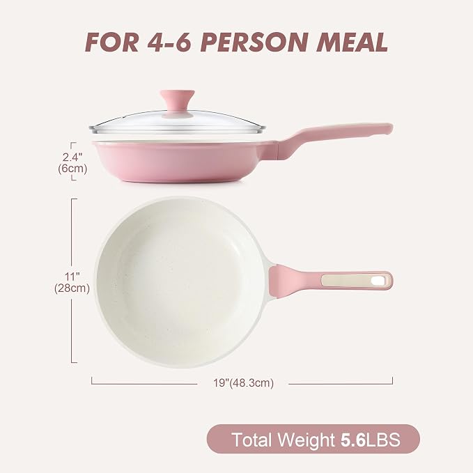 SENSARTE Nonstick Ceramic Frying Pan with Lid 11 Inch Omelet Pan Skillet, Free of Intentionally Added PFAS/PTFE Non-toxic Chef's Pan Induction Compatible Pan, Heat Resistant Handle, Sakura Pink