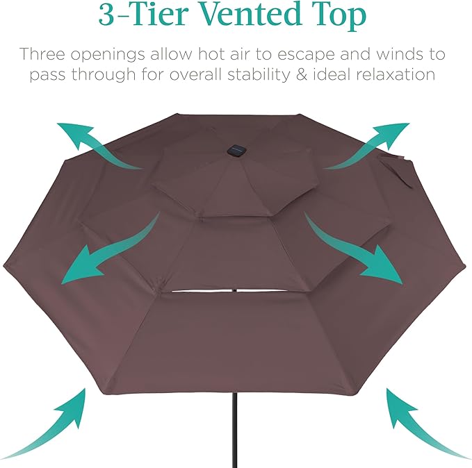 Best Choice Products 10ft 3-Tier Solar Patio Umbrella, Outdoor Market Sun Shade for Backyard, Deck, Poolside w/ 24 LED Lights, Tilt Adjustment, Easy Crank, 8 Ribs - Deep Taupe