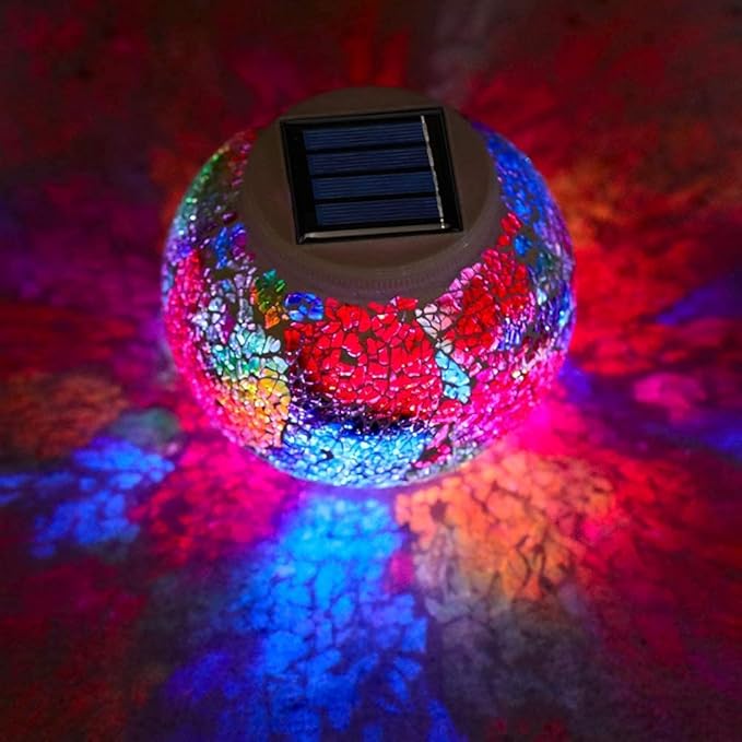 Waterproof Color Changing Table Lamp, Solar Powered Mosaic Glass Ball LED Garden Lawn Night Light Lamps, Party Lights for Home,Yard, Indoor,Outdoor Decoration Lights (Tricolor Plating)