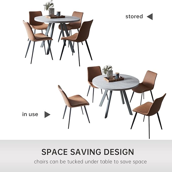 Round Dining Table Set, Mid Century Modern Small Round Dining Table Set, Saving Space (Table + 4 Brown Chairs)