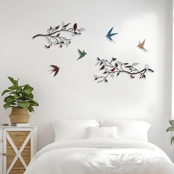 Harikikochuu 4PCS Metal Birds Wall Decor, Birds on the Branch Silhouette Art, Metal Leaves with Bird Outdoor Hanging Wall Sculpture for Home Office Balcony Garden Decor.（Colorful,Swallow）