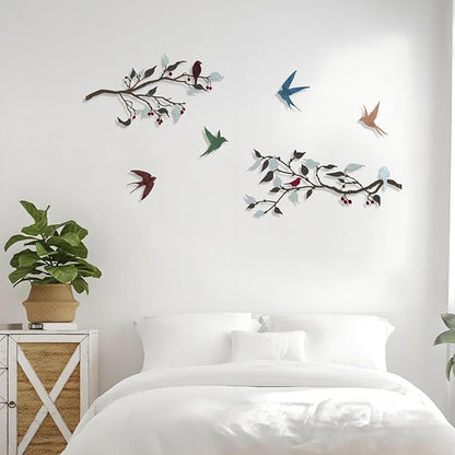 Harikikochuu 4PCS Metal Birds Wall Decor, Birds on the Branch Silhouette Art, Metal Leaves with Bird Outdoor Hanging Wall Sculpture for Home Office Balcony Garden Decor.（Colorful,Swallow）