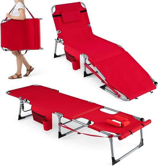 GYMAX Tanning Chair, 3 in 1 Sun Bathing Lounge Chairs with Face/Arm Holes & Side Pocket, Portable Lightweight Face Down Layout Tanning Chair for Outside, Beach, Backyard, Poolside (1, Red)