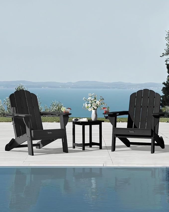 Folding Adirondack Chairs Set of 2, All-Weather HDPE Fire Pit Chair with 2 Cup Holders, Plastic Outdoor Chair for Patio Deck Garden Lawn, Black