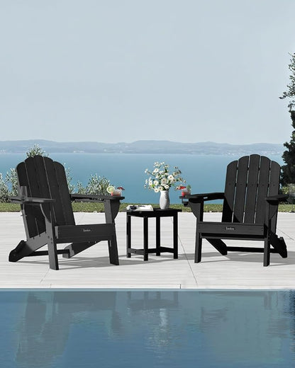 Folding Adirondack Chairs Set of 2, All-Weather HDPE Fire Pit Chair with 2 Cup Holders, Plastic Outdoor Chair for Patio Deck Garden Lawn, Black