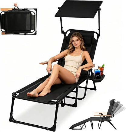 Beach Lounge Chair, Folding Outdoor Chaise Lounge Chair with Arms, 4-Position Backrest, Extended Sun Tanning Chair Pillow & Cup Holder, Patio Lounger for Outside for Beach Pool Patio Yard (Black-U)