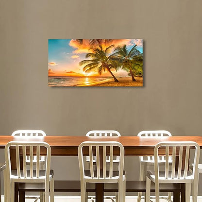 Beach Themed Wall Art Canvas Prints Seascape Picture Bathroom Décor Ocean Tree Sunset Paintings for Living Room Bedroom Office Home Kitchen Decorations 24x48 Wooden Framed Natural Landscape Artwork