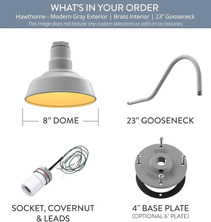 Steel Lighting Co. | Dusk to Dawn | Hawthorne Barn Light | Outdoor Wall Mounted | 8 in Dome | 23 inch Gooseneck| Small Farmhouse Light Made in America | Modern Gray/Brass