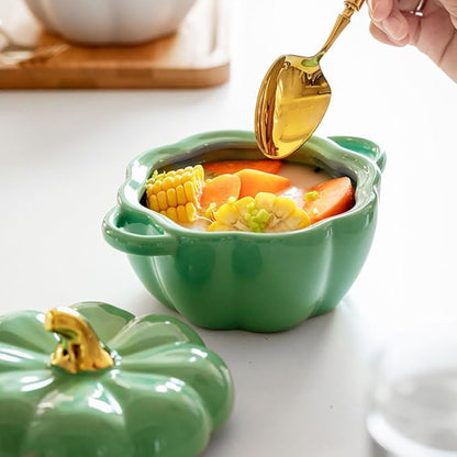 Pumpkin Bowl Set with Lid and Handle, Set of 2 Ceramic Ramekins for Baking, Casserole Dish Individual Severing Pot, Stoneware, Oven Safe, 14 Oz (Red and Green)