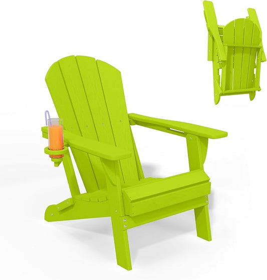 Folding Adirondack Chair with Cup Holders, HDPE Plastic Outdoor Chairs, Weather Resistant, Real Wood Look for Patio, Deck, Fire Pit, Backyard, Green