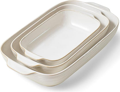 Baking Dish for Oven, Ceramic Casserole Dishes Set for 3, Rectangular Lasagna Pan Deep, Baking Pans with Handle, 12.9“/10.8"/8.4" Bakeware Sets for Cake, Casserole, Kitchen Wedding Gifts, Arctic White