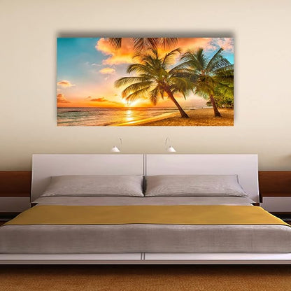 Beach Themed Wall Art Canvas Prints Seascape Picture Bathroom Décor Ocean Tree Sunset Paintings for Living Room Bedroom Office Home Kitchen Decorations 28x57 Wooden Framed Natural Landscape Artwork