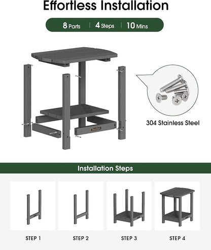 Outdoor Side Table – 2-Tier HDPE Adirondack Side Table, Sturdy Small Outdoor Tables, Weather-Resistant & Easy Assembly Patio End Tables for Garden, Balcony, Porch & Poolside (Grey)