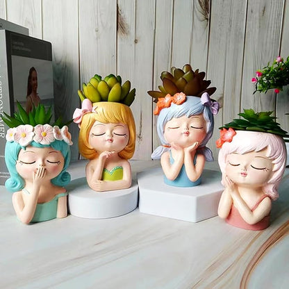4pcs Cute Head Planter Resin Succulent Planter Little Girl Flower Pot, Human Face Cactus Plants Container Bonsai Holder Thumb Pot Fairy Figurine Statue Planters with Drainage Decor Gift (Colorful)