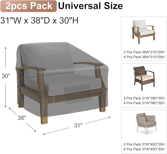 Patio Chair Covers Waterproof, Mrrihand Lounge Deep Seat Cover, Heavy Duty Outdoor Lawn Patio Furniture Covers (31" W x 38" D x 30" H - 2 Pack)