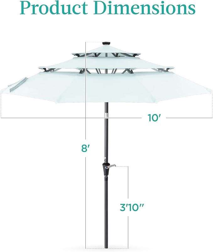 Best Choice Products 10ft 3-Tier Solar Patio Umbrella, Outdoor Market Sun Shade for Backyard, Deck, Poolside w/ 24 LED Lights, Tilt Adjustment, Easy Crank, 8 Ribs - Baby Blue