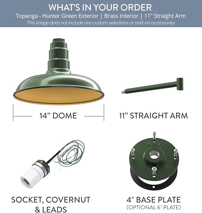 Steel Lighting Co. Topanga Barn Light | Outdoor Wall Mounted | 14 inch Dome | 11" Straight Arm | Farmhouse Garage Light Made in America | Hunter Green Exterior/Brass Interior