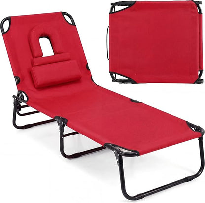 GYMAX Tanning Chair, Folding Lounge Chairs with Face Hole & Cover, Removable Pillow Carry Handle, Portable Compact Outdoor Layout Recliner for Beach, Poolside, Lawn, Patio, Camping (Red,1)