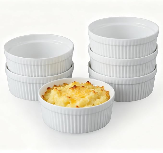 Cinf White 10 oz Set of 6 Souffle Dishes Ramekins Oven Microwave Safe Bowls Creme Brulee Sauce Cups for Baking Cooking Porcelain Individual Serving Size for Desserts