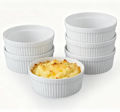 Cinf White 10 oz Set of 6 Souffle Dishes Ramekins Oven Microwave Safe Bowls Creme Brulee Sauce Cups for Baking Cooking Porcelain Individual Serving Size for Desserts