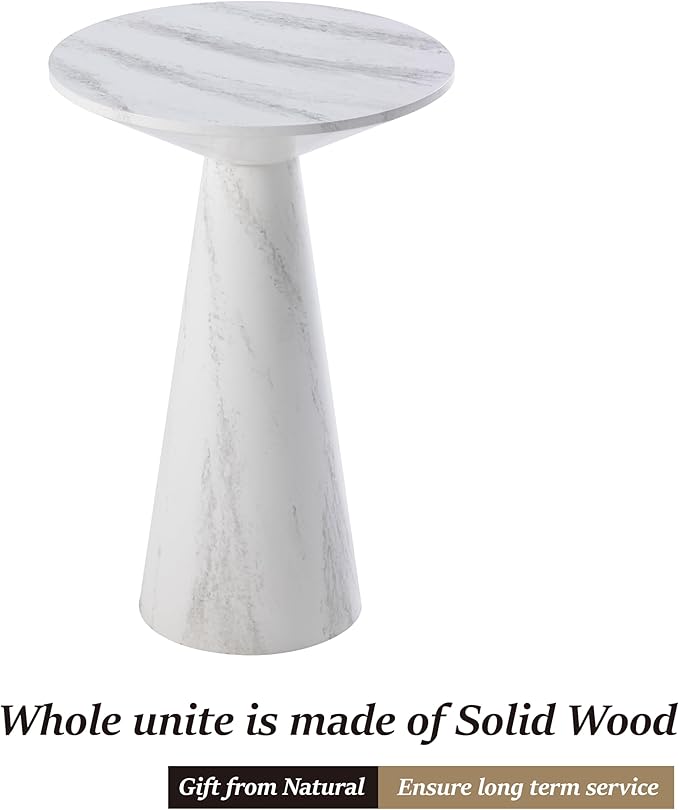 COZAYH Modern Pedestal End Table Round Wood Martini Table, Plant Stand Drink Table for Small Spaces, White Marble Colour