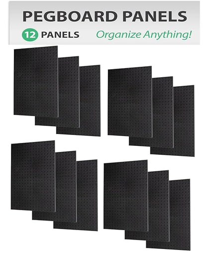 WallPeg Pegboard Panels Garage Organization - 12 ea (24"x16") Black Peg Board Panel Set - (PB-1-B) Tool Organizer, Crafts, Shop, Home, Office, Wall Storage Kit