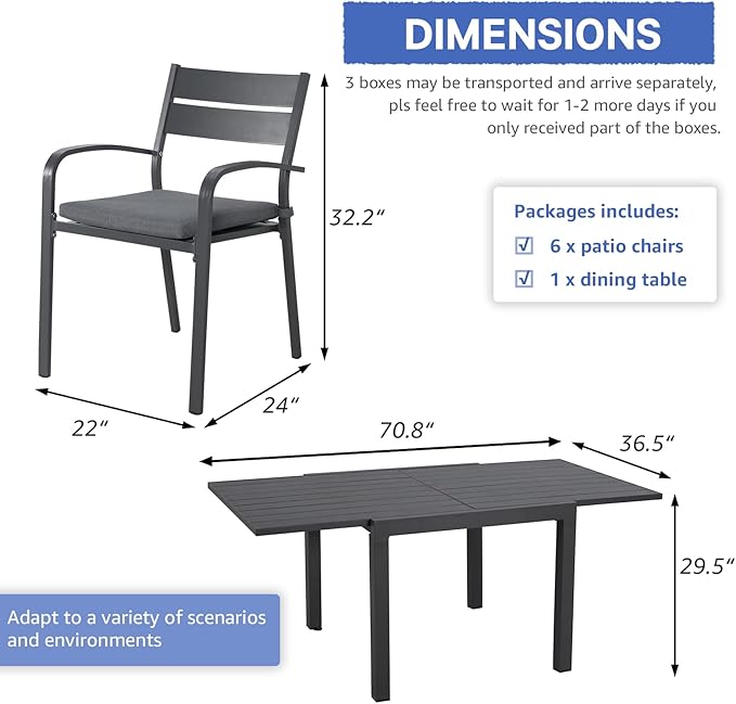 Soleil Jardin 7-Piece Outdoor Patio Dining Set, 35" - 71" Aluminum Expandable Outdoor Dining Table Set for 6, 6 Stackable Chairs with Gray Removable Cushions, Dark-Grey